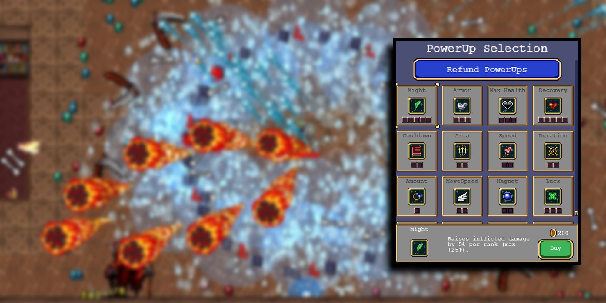 Vampire Survivors - Might PowerUp Overlaid On Image Of Player With A Ton Of High Damage Weapons Going Off