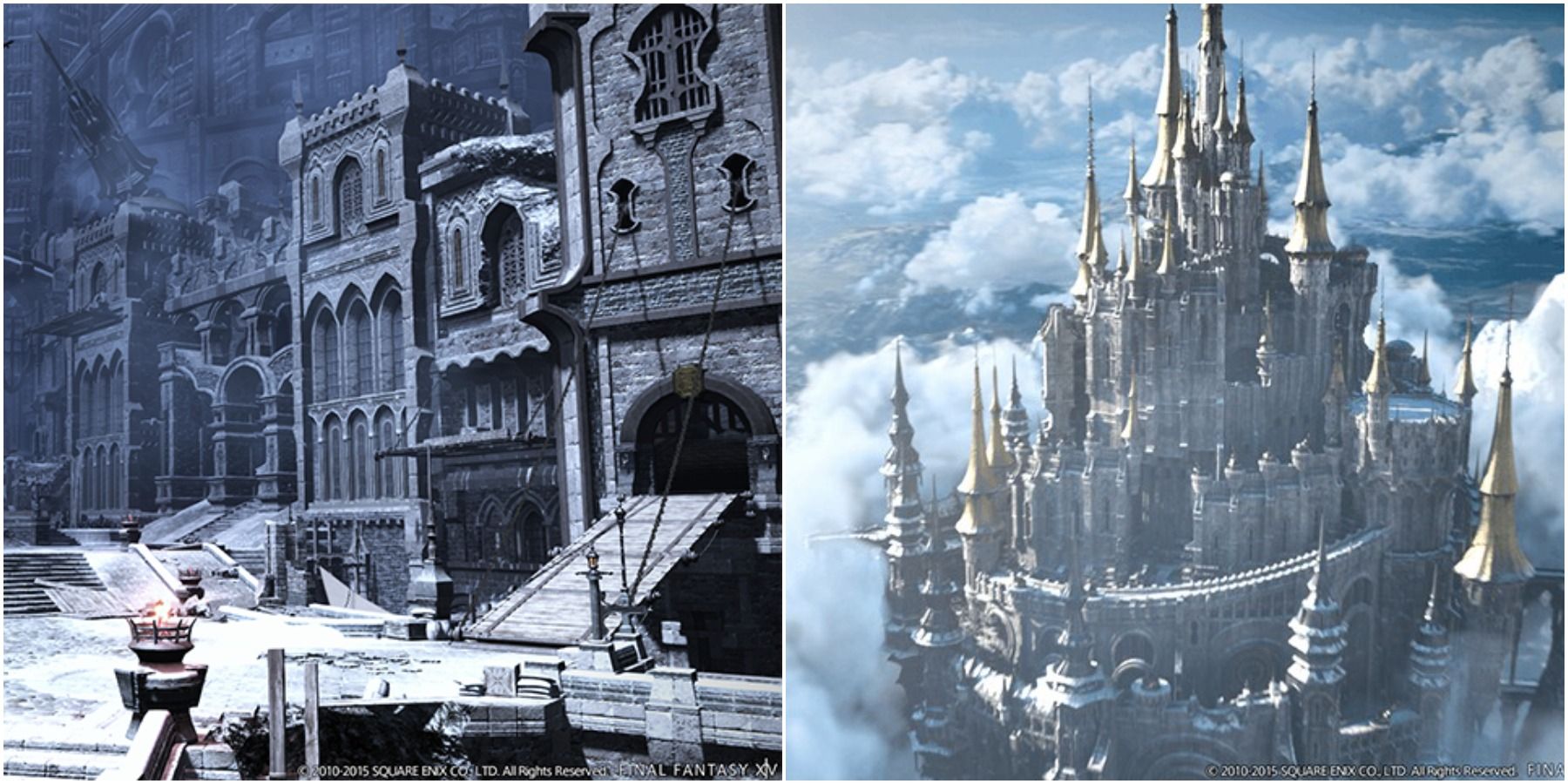 Split image of inside and outside Ishgard.