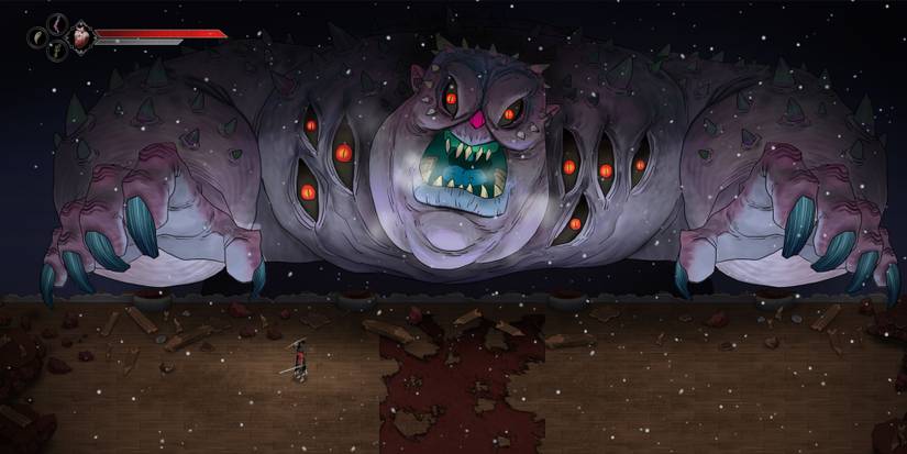 Warm Snow - Facing a fierce-looking monster with many eyes.