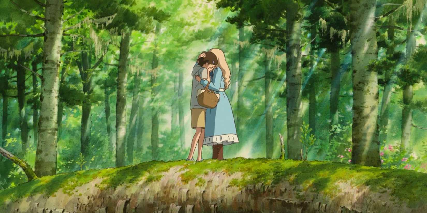 Marnie and Anna in a forest hugging