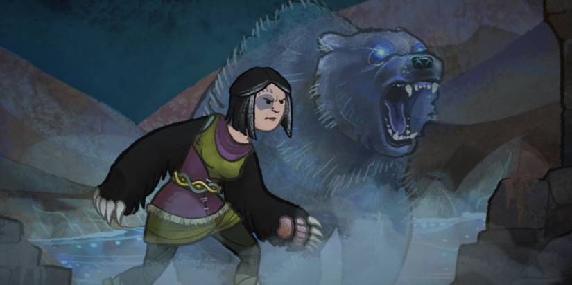 Wildermyth woman halfway through a bear transformation.