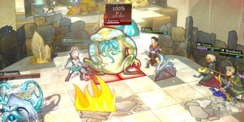 Four Wildermyth heroes surround a large gorgon creature in battle.