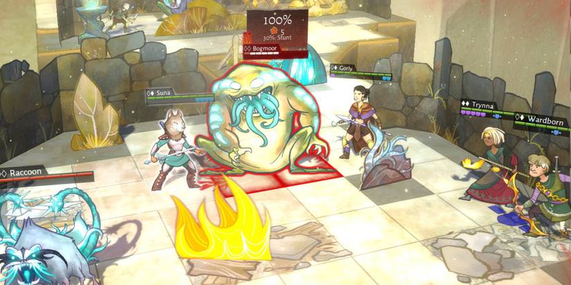 Four Wildermyth heroes surround a large gorgon creature in battle.