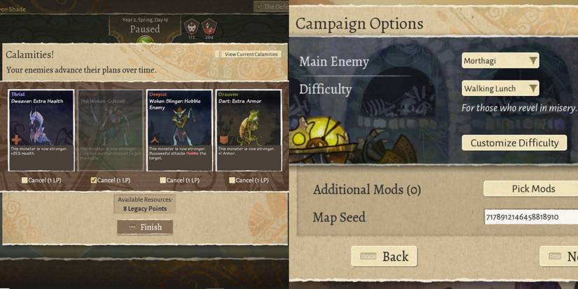 A set of Wildermyth calamity cards on the left with the difficulty settings next to it.