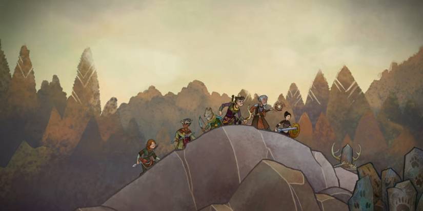 A Wildermyth party standing on a boulder in a forest.