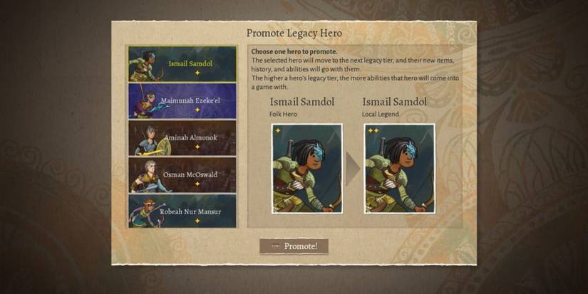 Wildermyth legacy promotion screen.