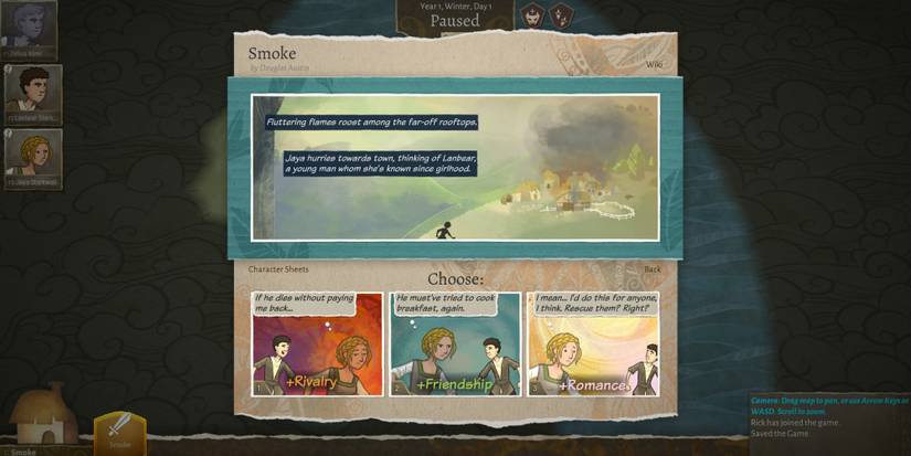 Wildermyth choice screen with friendship, romance, and rivalry as choices.