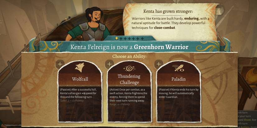 Wildermyth warrior leveling up and becoming a greenhorn after battle.