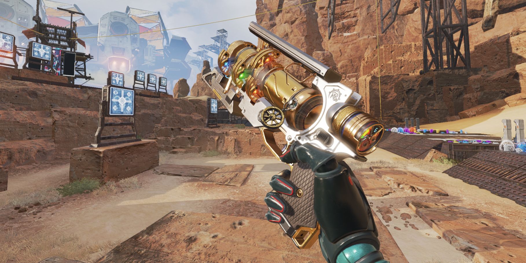 The Wingman pistol with reactive skin inside Apex Legends' Firing Range