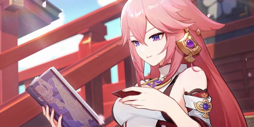 Yae Miko reading a book Genshin Impact