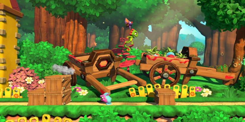 Yooka Laylee - Yooka jumping over an enemy.