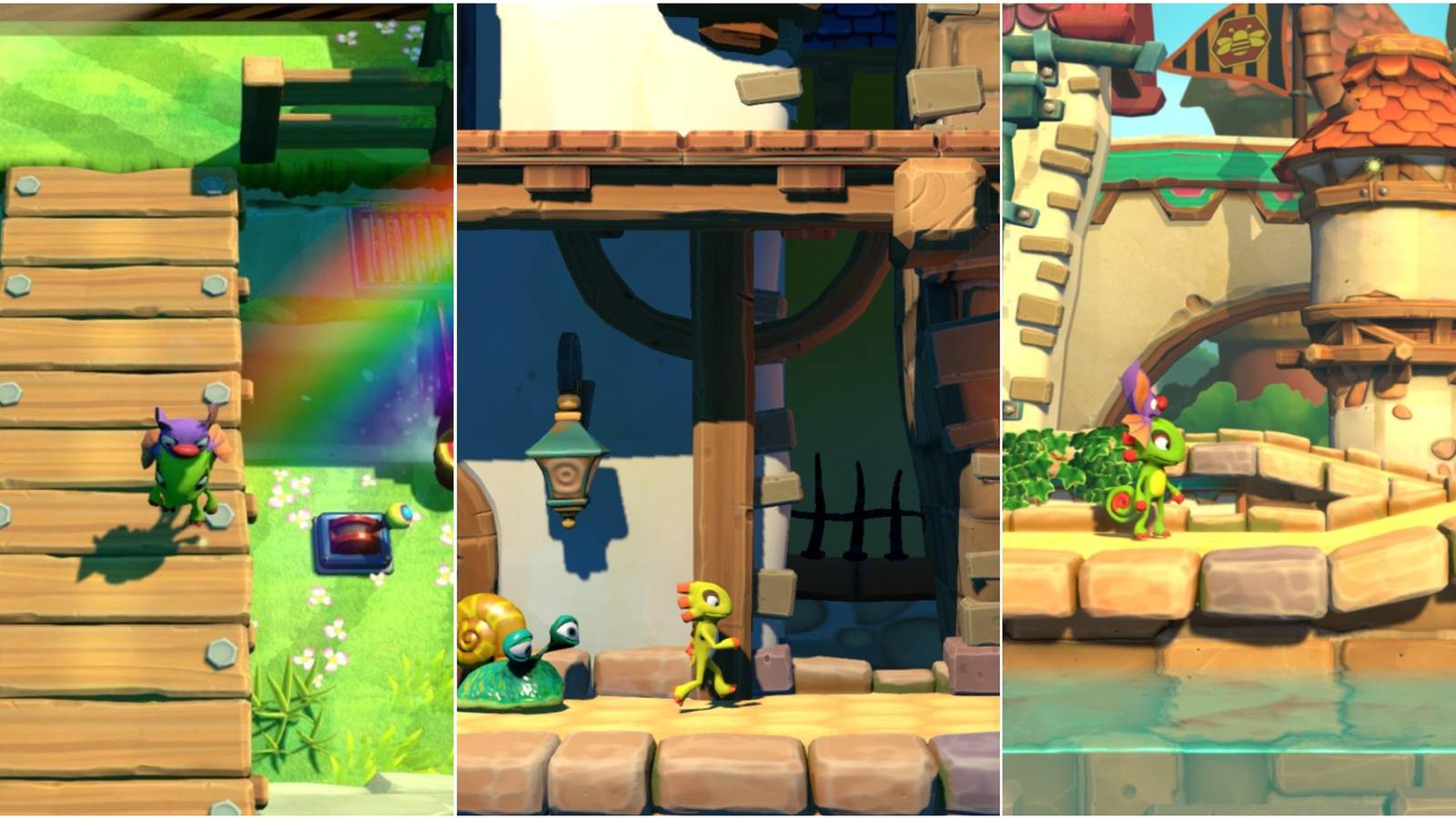 A joined image of three screenshots from Yooka-Laylee and the Impossible Lair.