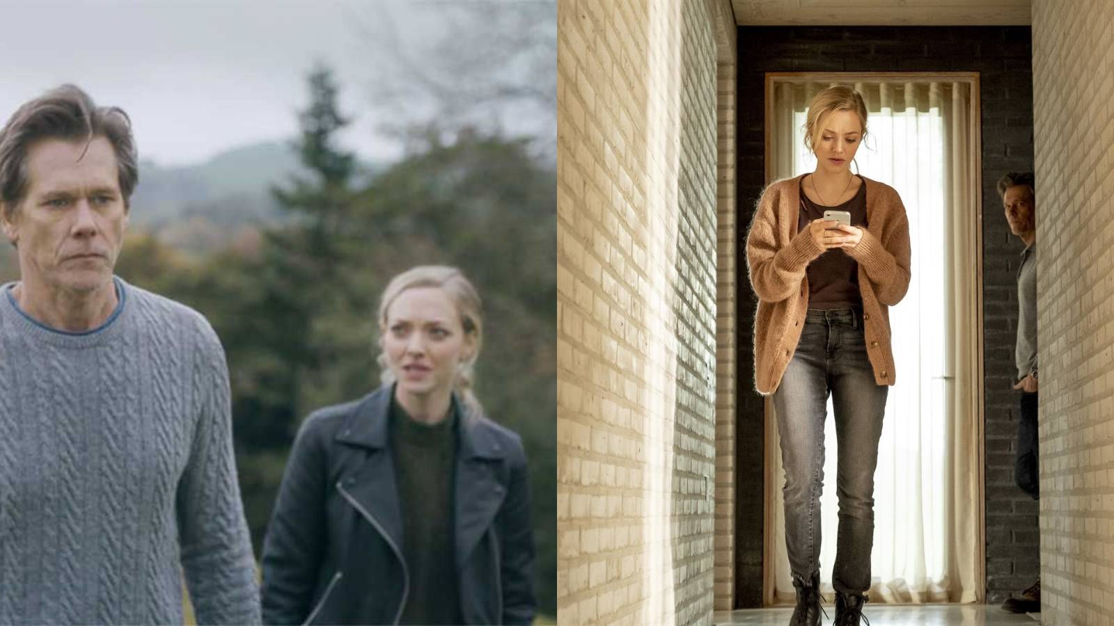 Split image of Kevin Bacon and Amanda Seyfried in You Should Have Left