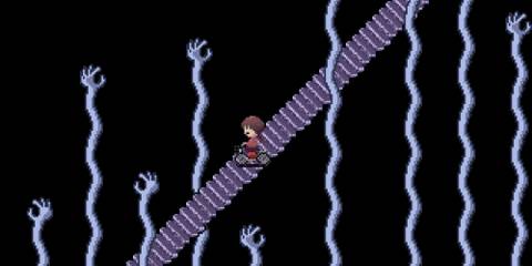 A player navigating a haunted staircase in Yume Nikki