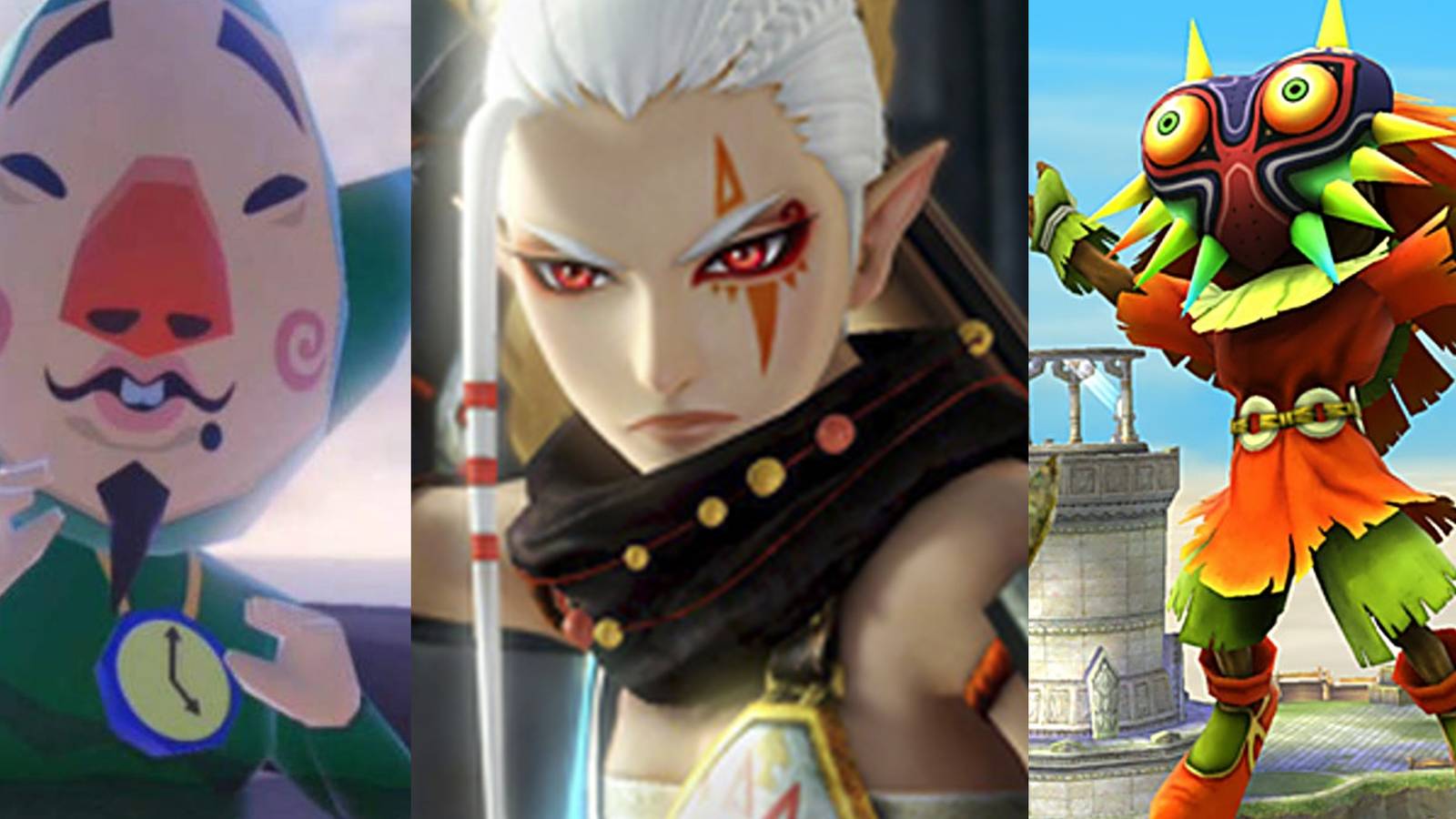 Tingle appearing frightened in Wind Waker HD; Impa ready for battle in Hyrule Warriors; Skull Kid as an Assist Trophy in Smash 4