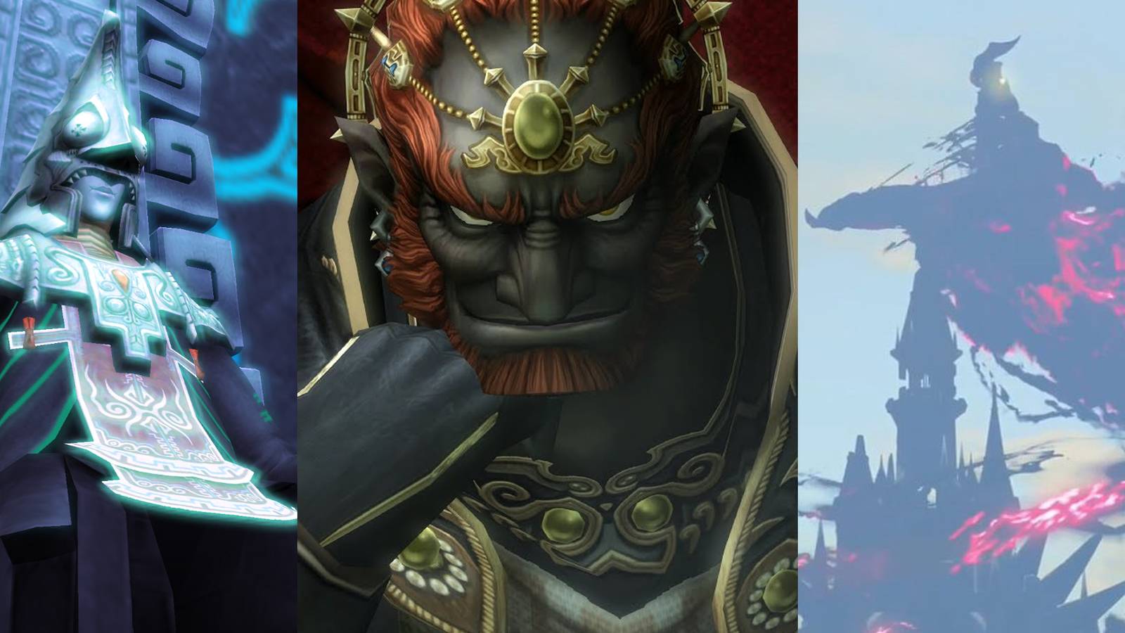 Zant sitting on his throne in Twilight Princess; Ganondorf sitting on his throne in Twilight Princess; Calamity Ganon surrounding Hyrule Castle in BOTW