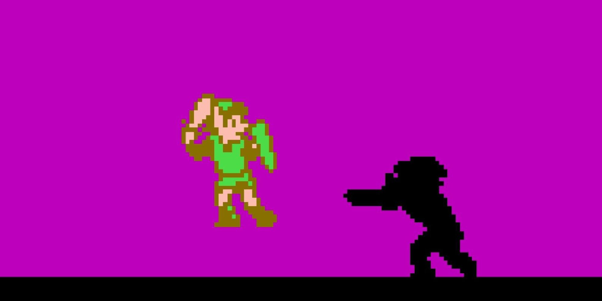 Link fighting his shadow in Zelda II: The Adventure of Link