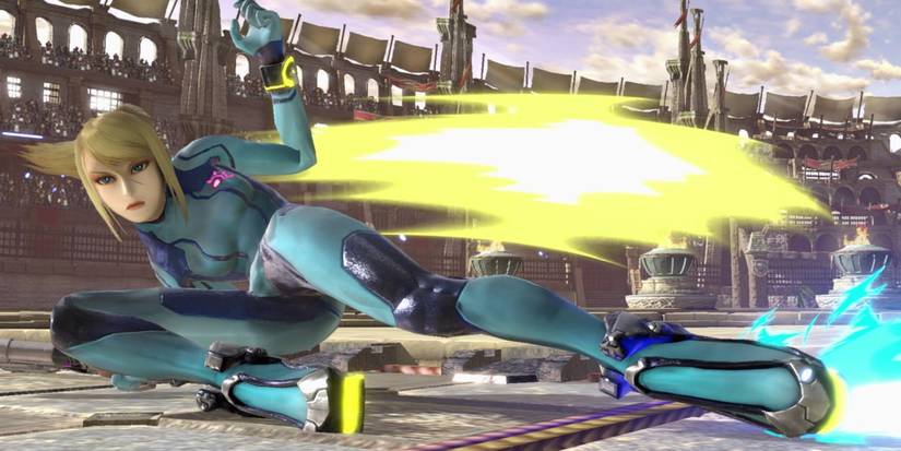 Zero Suit Samus sliding in Smash Ultimate Cropped