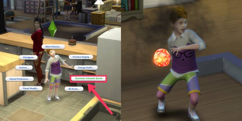 a child with the sulani mana trait Summoning volcanic bombs in the sims 4