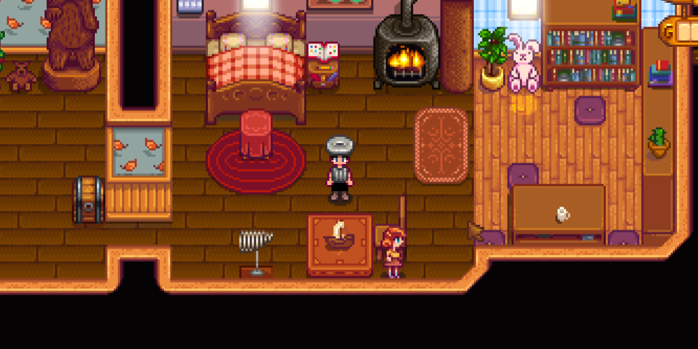 Stardew Valley character wearing trashcan hat and shirt in room