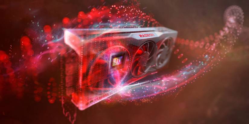 An image of an AMD graphics card on a funky background and smoky background.