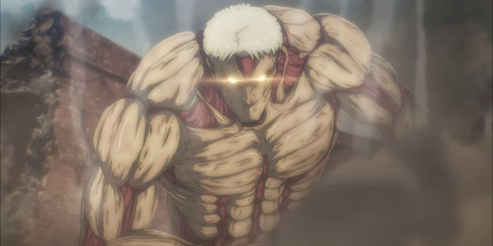 Reiner's Armored Titan attacking Fort Slava in Attack on Titan