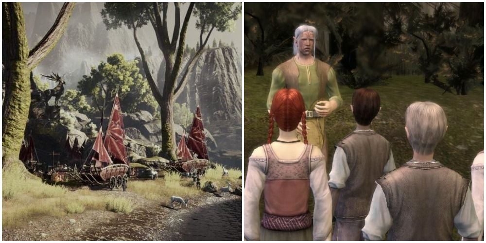 Split image of Dalish camp and Dalish children being spoken to.