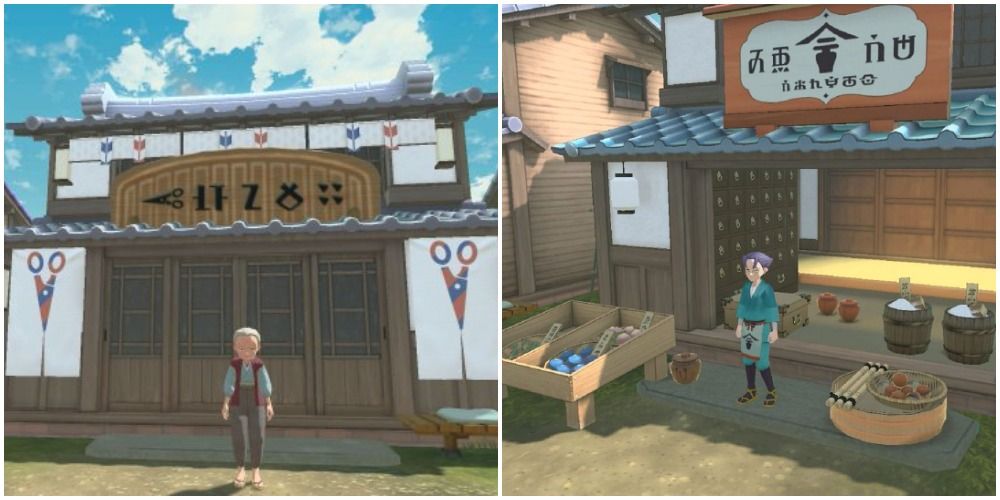 Split image of hair shop and general store. 