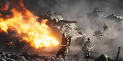 battlefield 5 character using a flame thrower with a tank emergin the background 