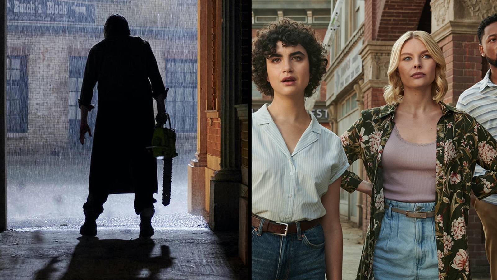 left: leatherface in silhouette; right: victims in Texas Chainsaw Massacre (still alive)