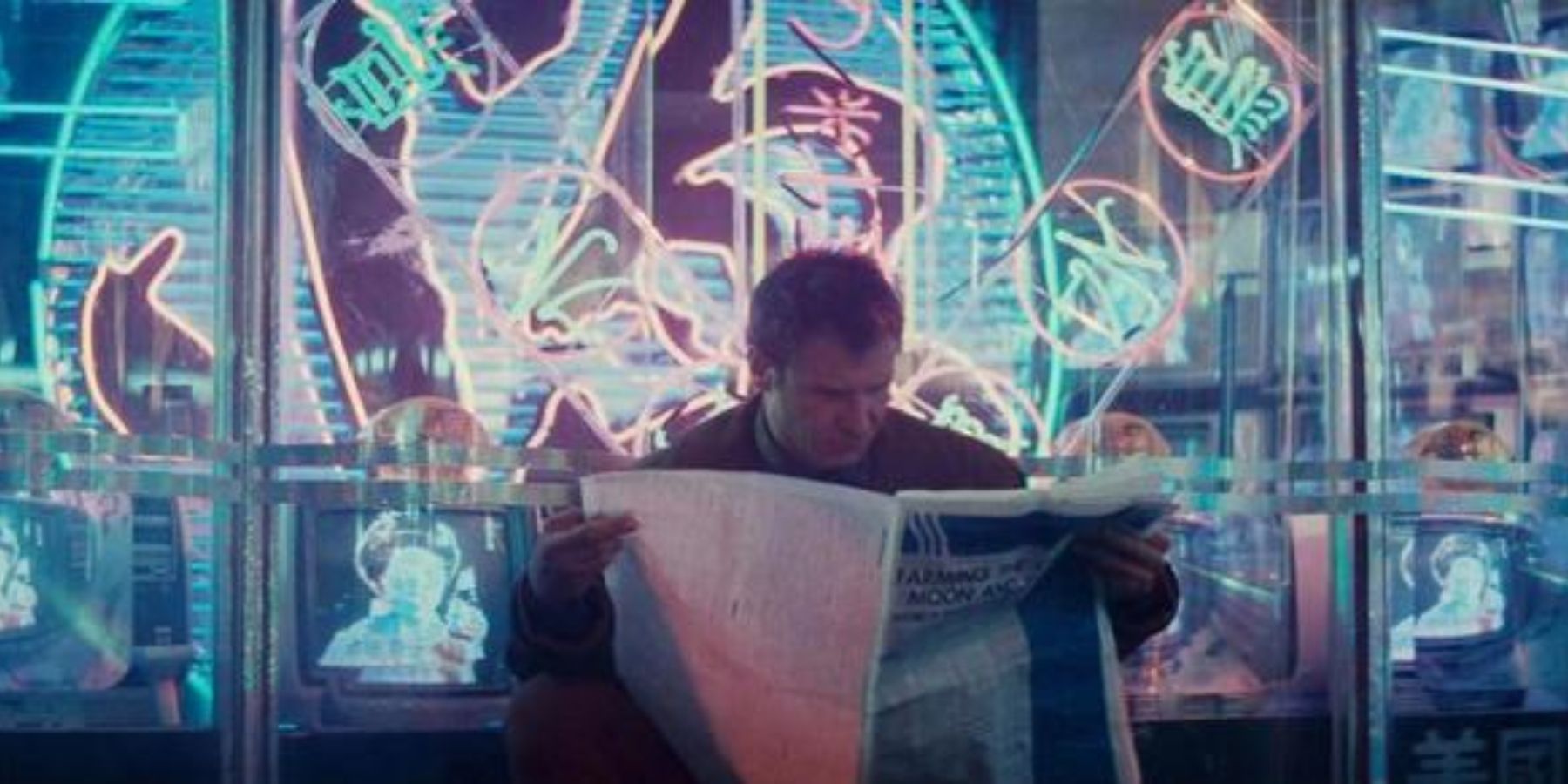 blade runner Deckard reading newspaper with neon lights signs backdrop