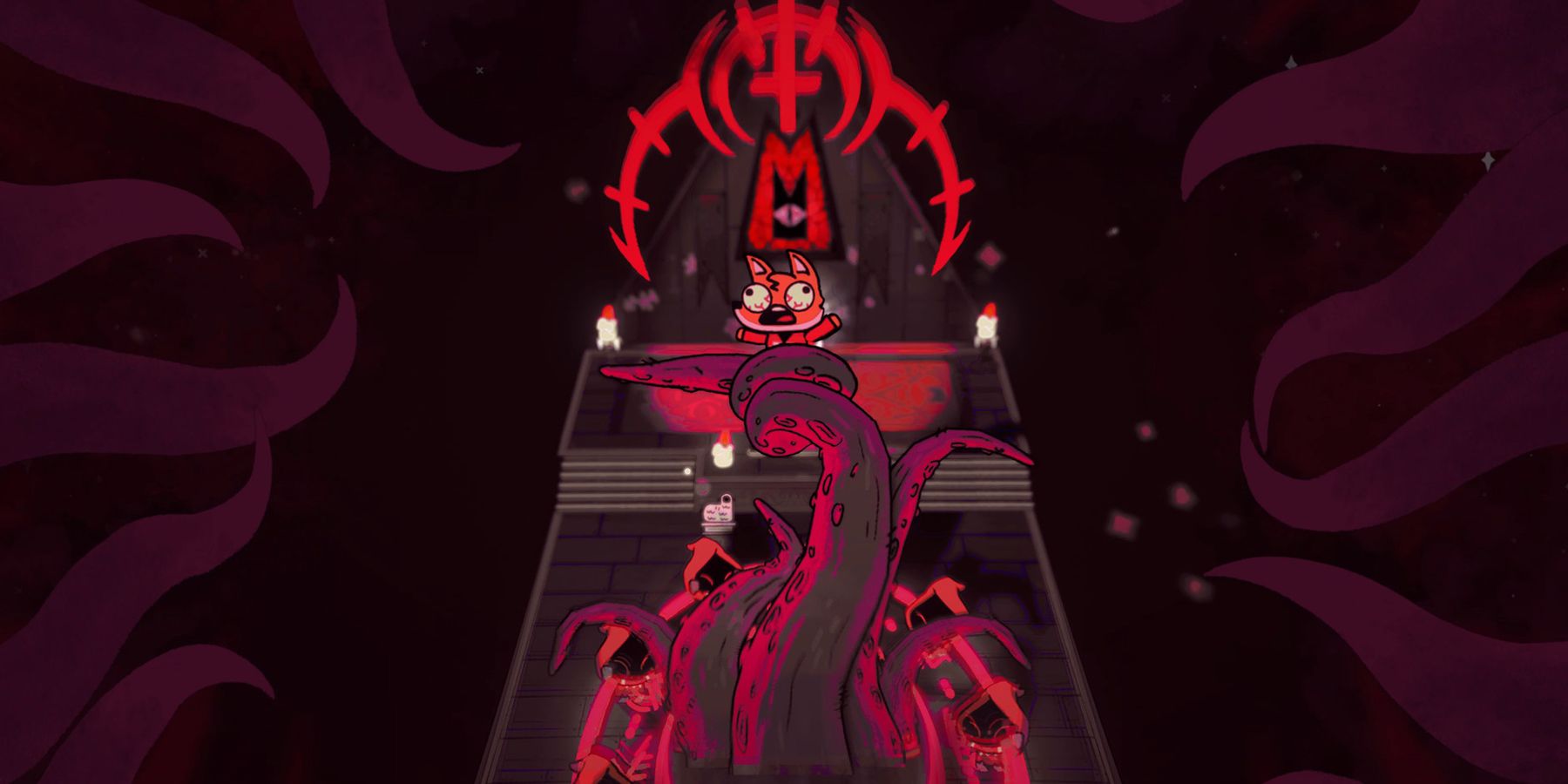 A tentacle monster pulls a fox character into a portal in Cult of the Lamb.