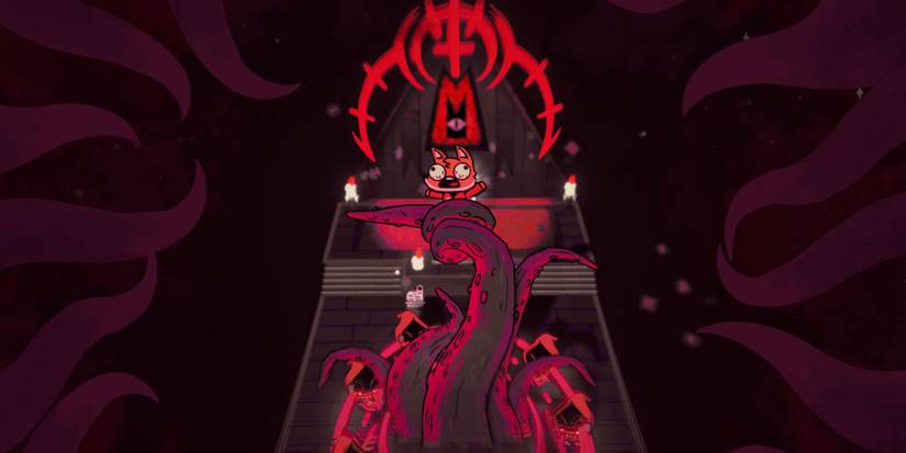 A tentacle monster pulls a fox character into a portal in Cult of the Lamb.