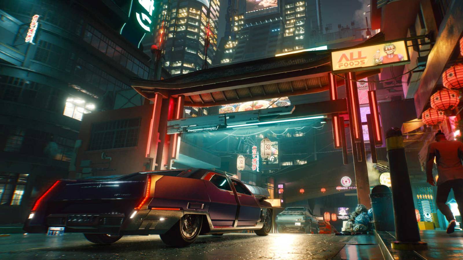 Image from Cyberpunk 2077 showing a car driving through Night City.
