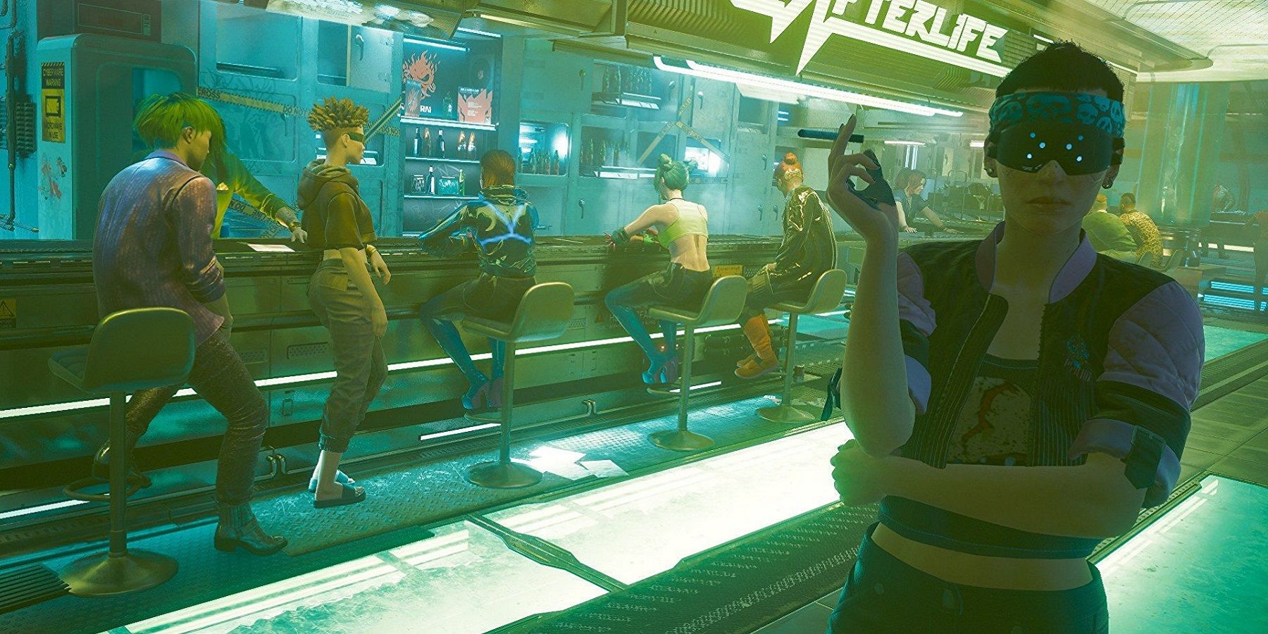 Screenshot from Cyberpunk 2077 showing some NPCs hanging out in the Afterlife bar.