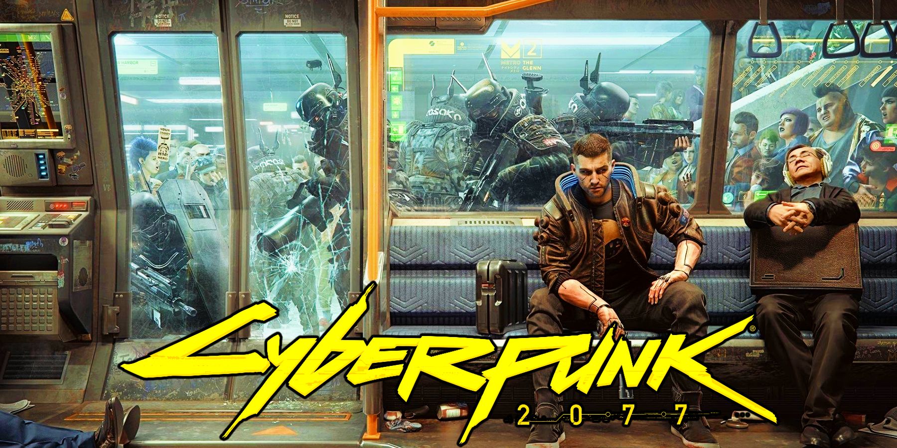 cyberpunk 2077 train monorail with two characters