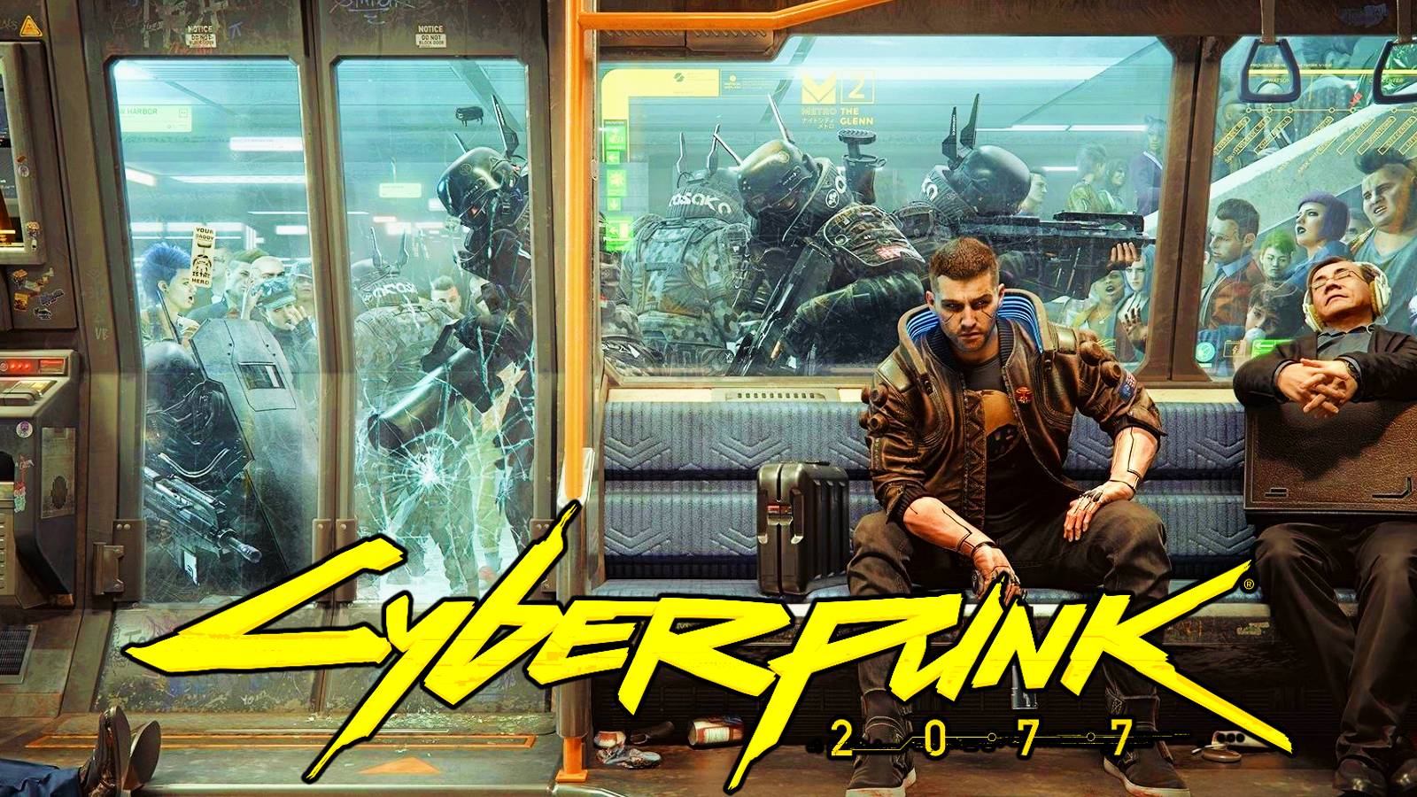 cyberpunk 2077 train monorail with two characters