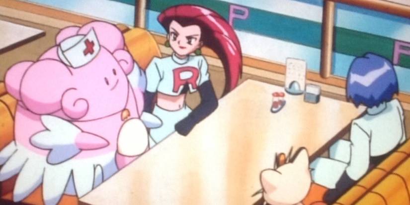 Team Rocket Jessie James and Meowth sitting with Blissey
