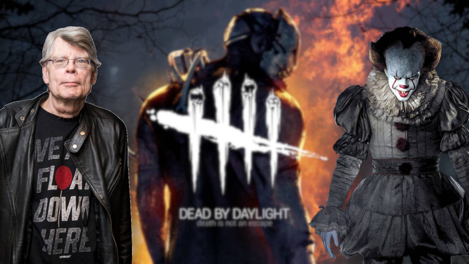 The Dead by Daylight main image with Stephen King on the left, and Pennywise the Clown on the right.