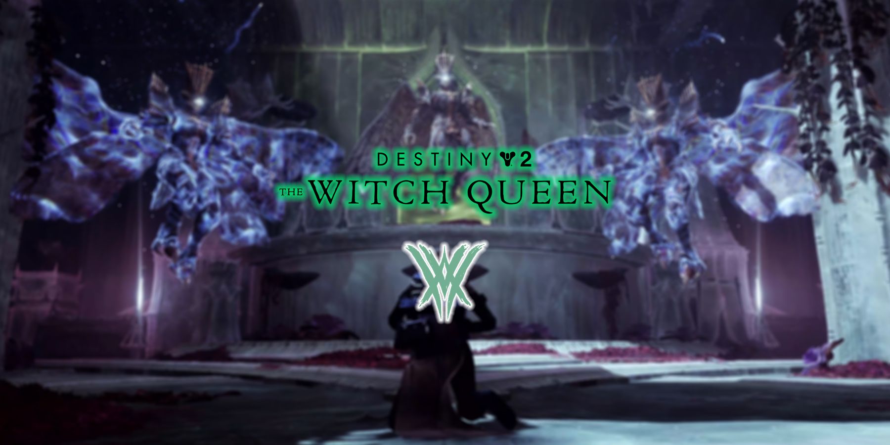 The text logo for Destiny 2's The Witch Queen expansion with a Guardian facing Savathun and two copies of herself in the background.