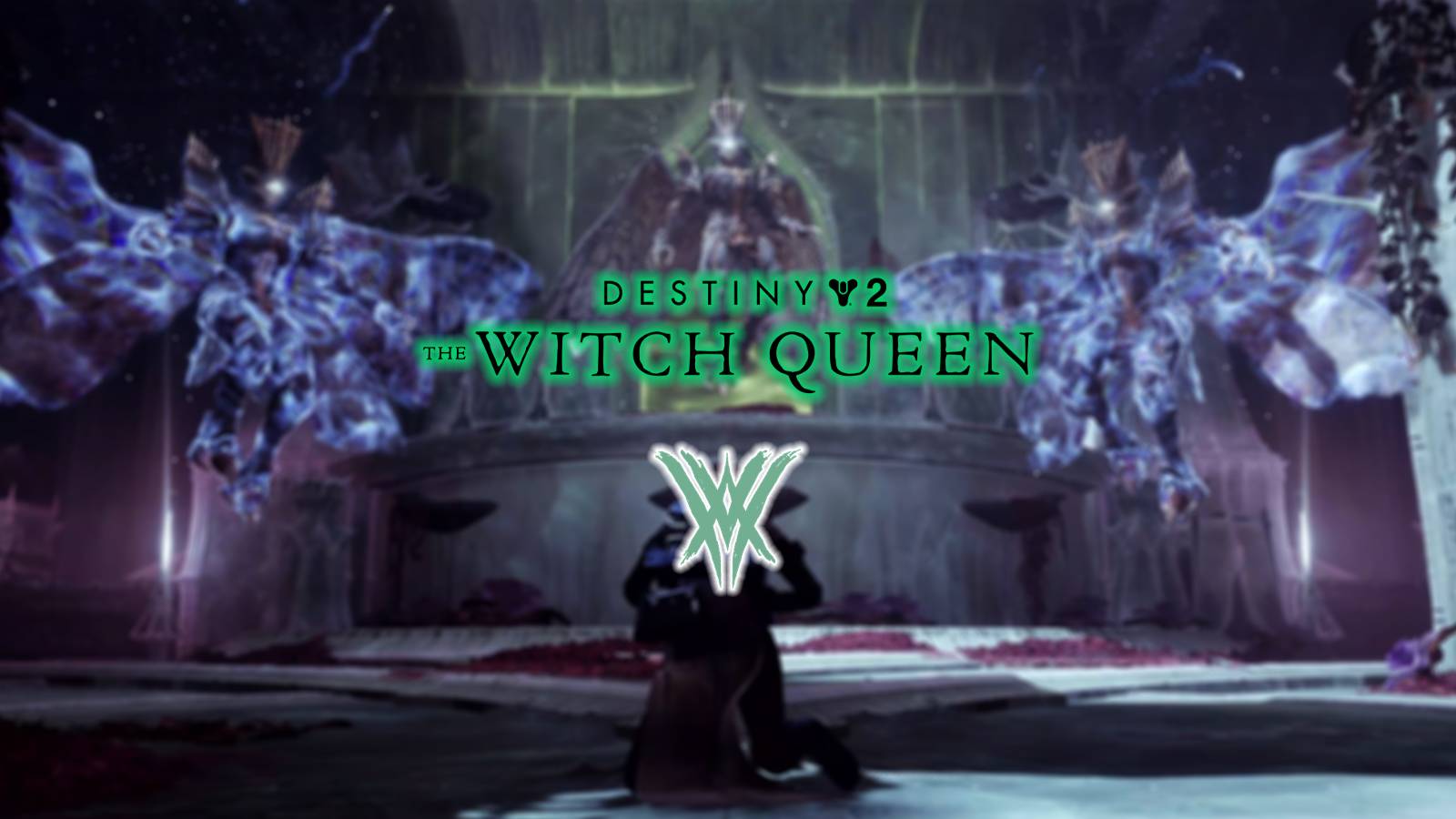 The text logo for Destiny 2's The Witch Queen expansion with a Guardian facing Savathun and two copies of herself in the background.