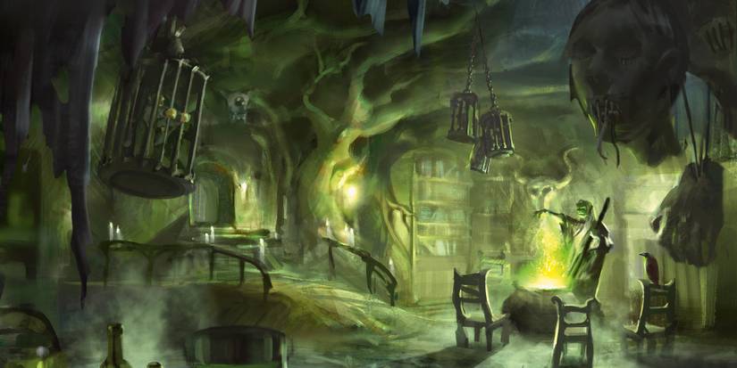 a character with a cauldron and green vapors