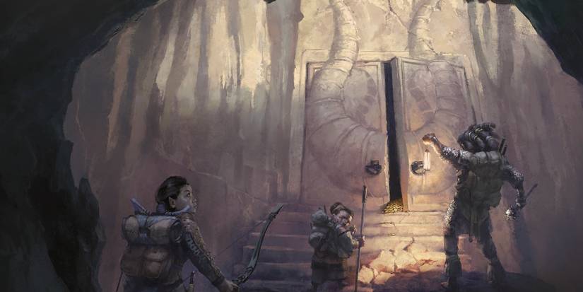 dnd characters in front of a big stone door