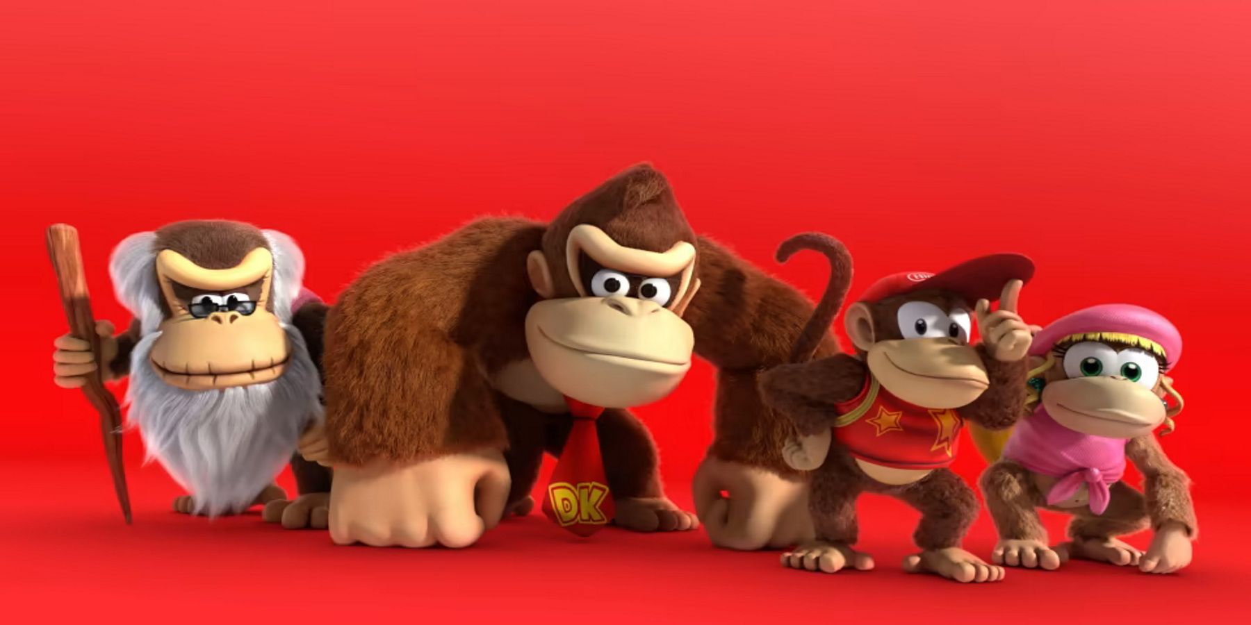 donkey kong gang in red background diddy kong cranky kong dixie kong