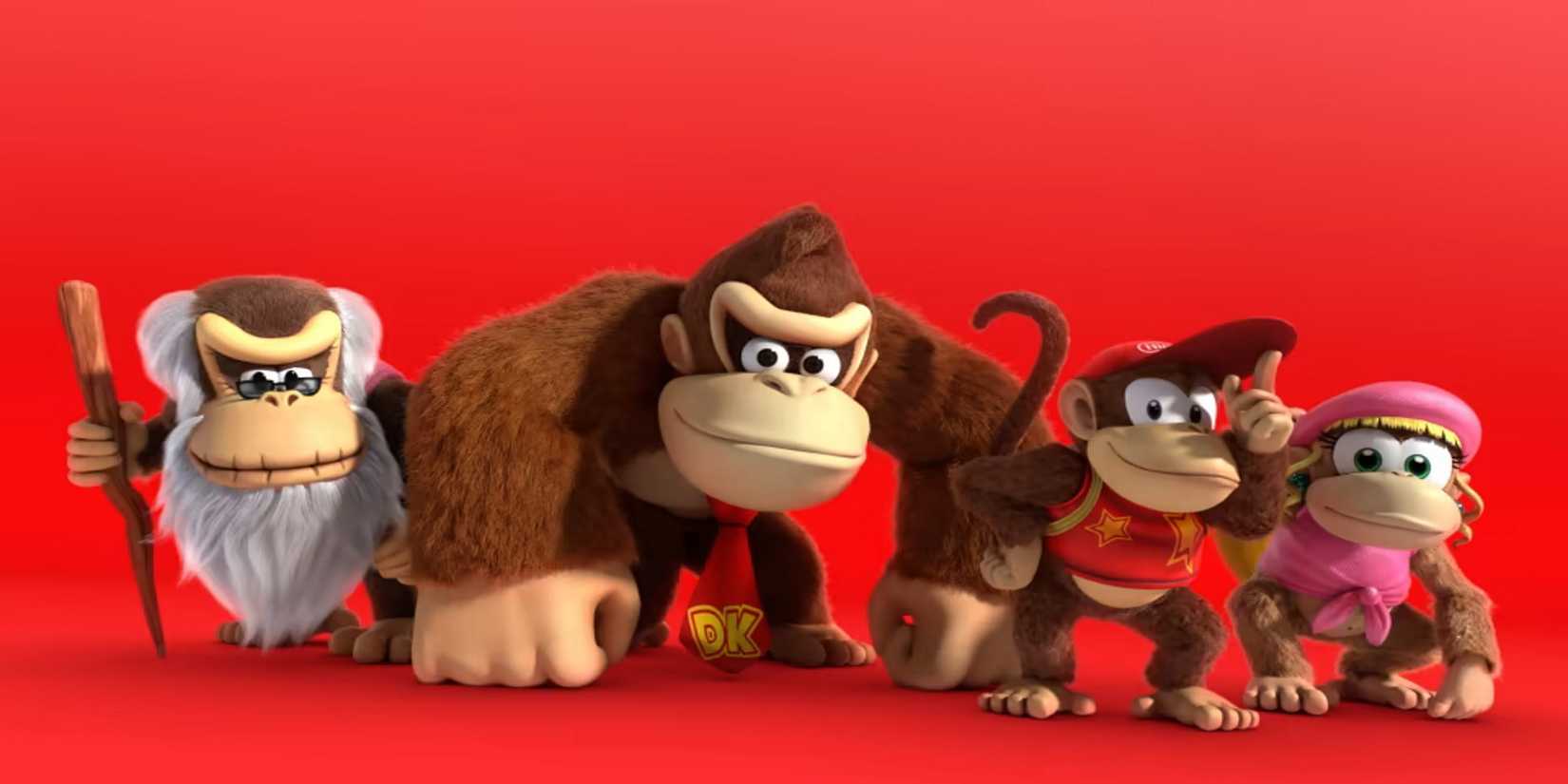 donkey kong gang in red background diddy kong cranky kong dixie kong