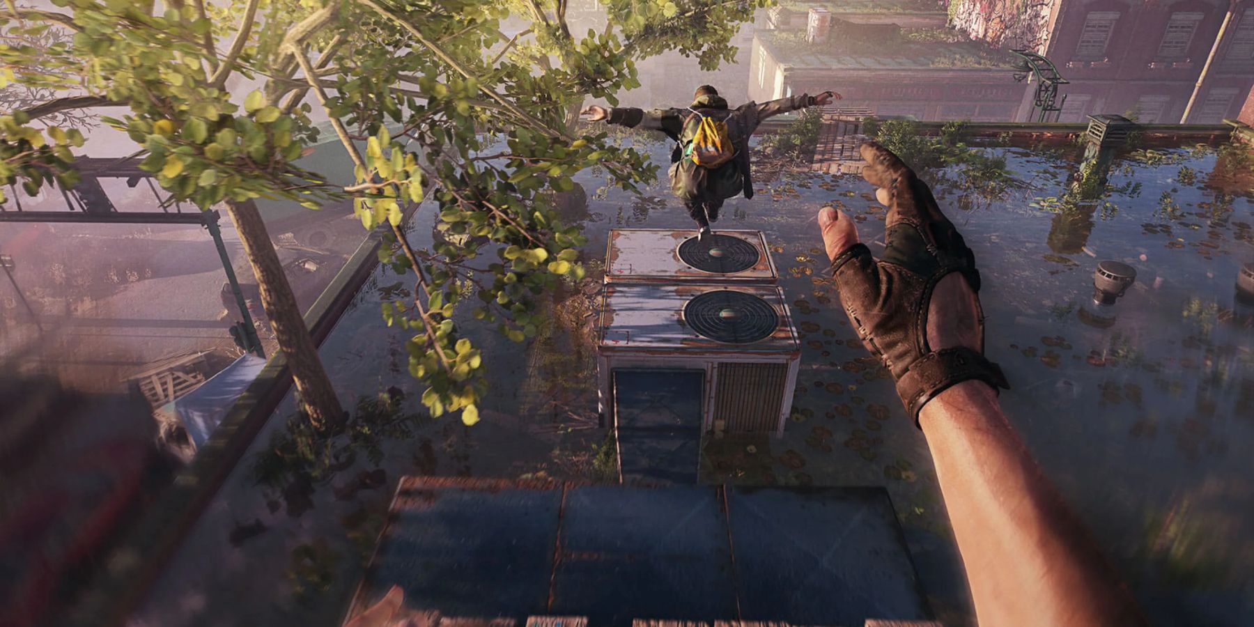 Screenshot from Dying Light 2 showing the player doing parkour behind another player.