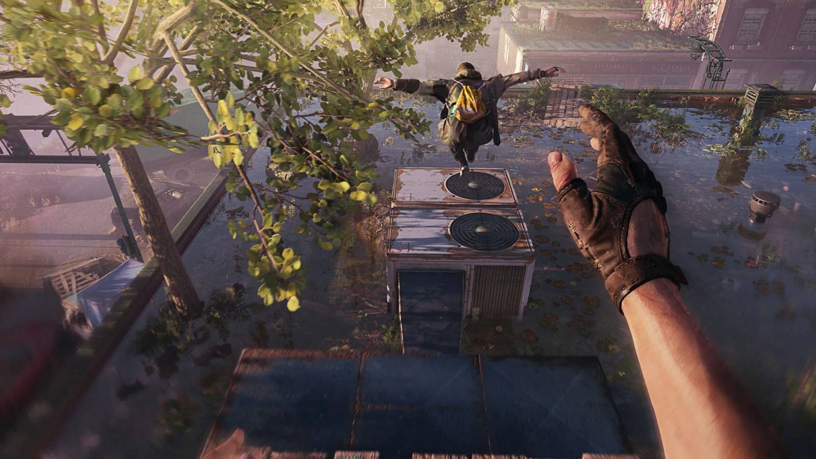 Screenshot from Dying Light 2 showing the player doing parkour behind another player.