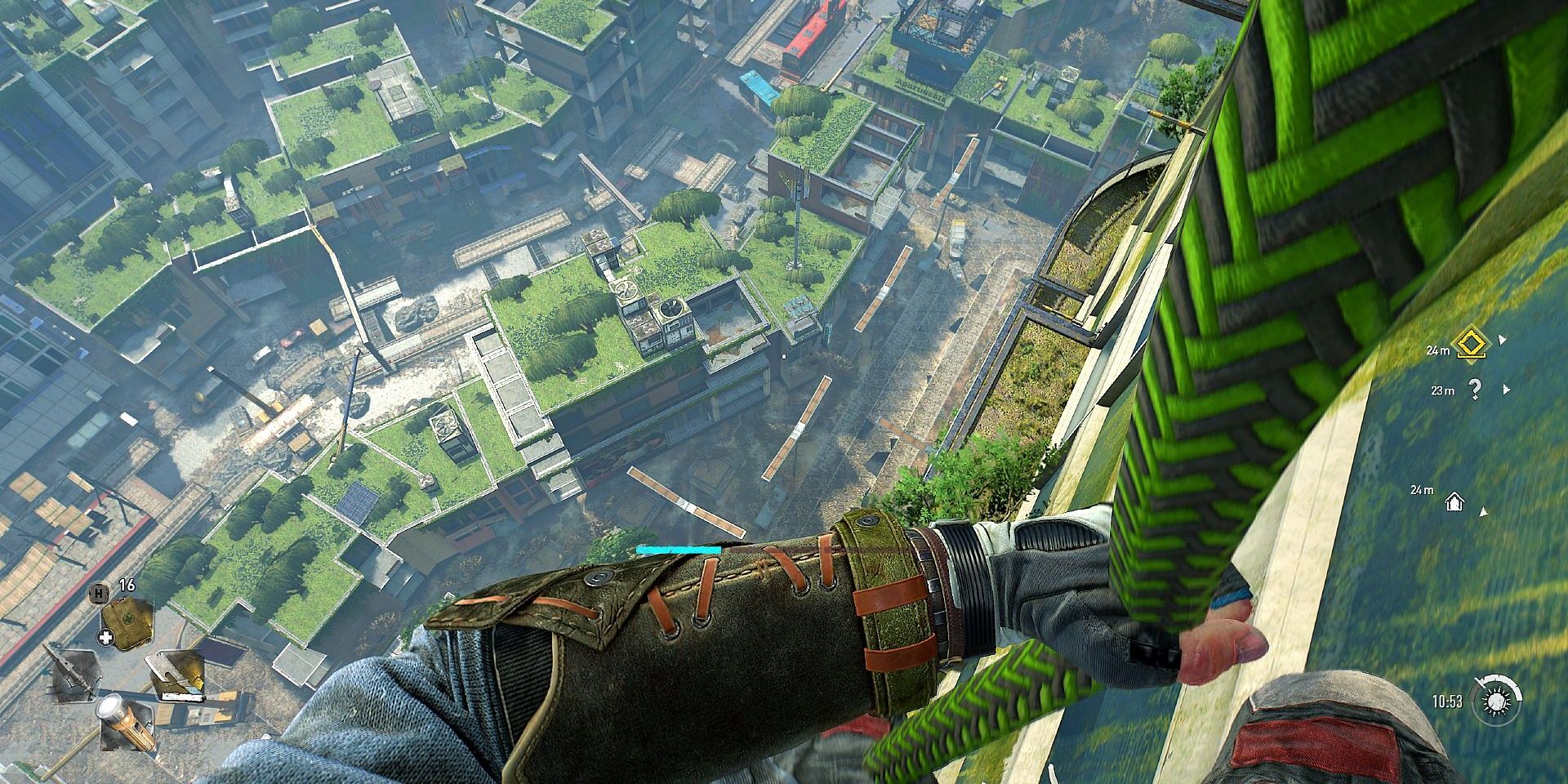 dying light 2 player holding a rope while scaling downward 