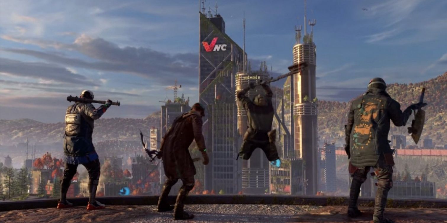 dying light 2 players about to jump off a building with one player holding the reinforced stick 