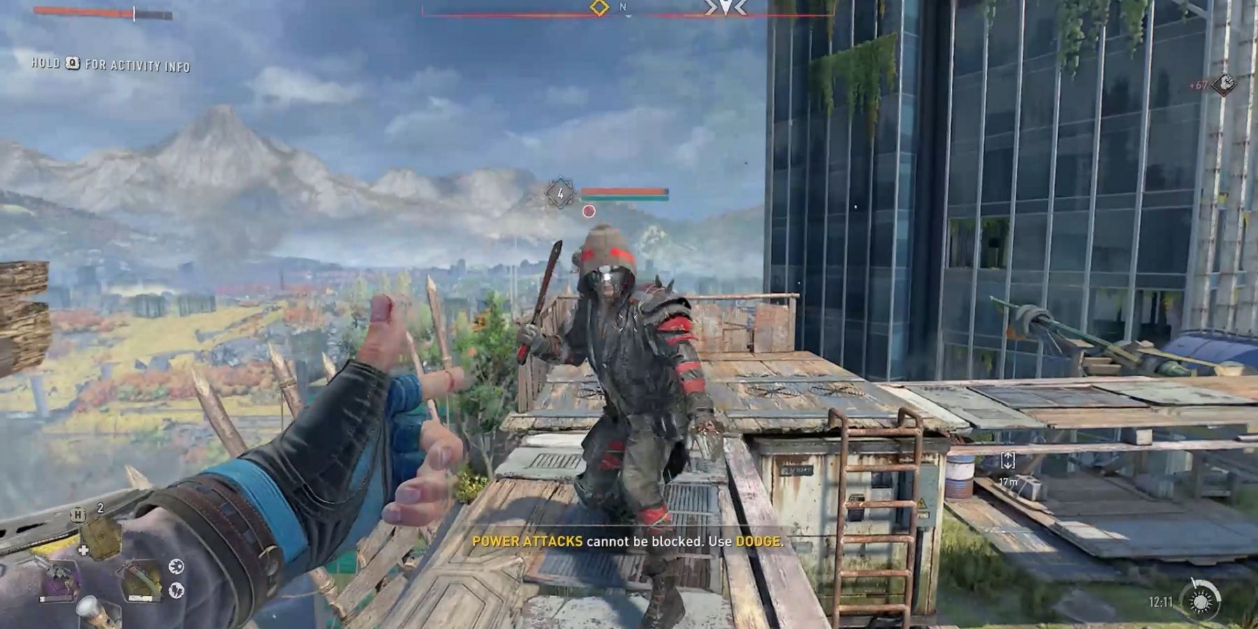 Screenshot from Dying Light 2 showing the player 'shooting' an enemy with their finger.